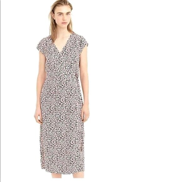"NWT" J Crew Midi Wrap Dress Soft Rayon Pink Leopard Print In‎ Size XS - Picture 2 of 13